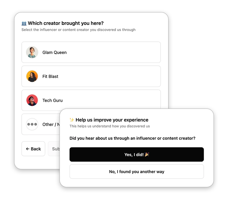 Creatorfly post-purchase survey asking which creator brought the customer to the store
